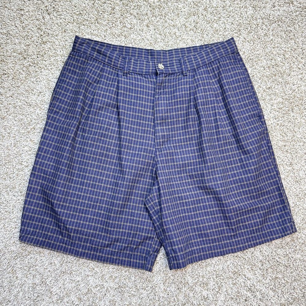 VTG Woolrich Mens 34 Blue Plaid Pleated Chino Shorts 100% Cotton YKK 90s Preppy